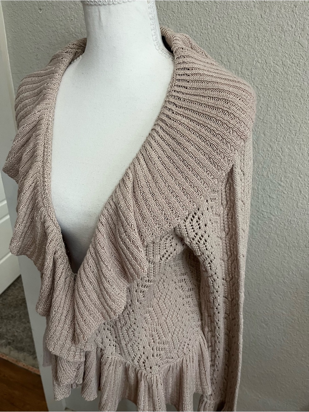 Daisy Fuentes Pointelle ruffle open-front cardigan sweater - Picture 2 of 6